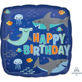 Happy Birthday Friendly Sharks Square Foil Balloon