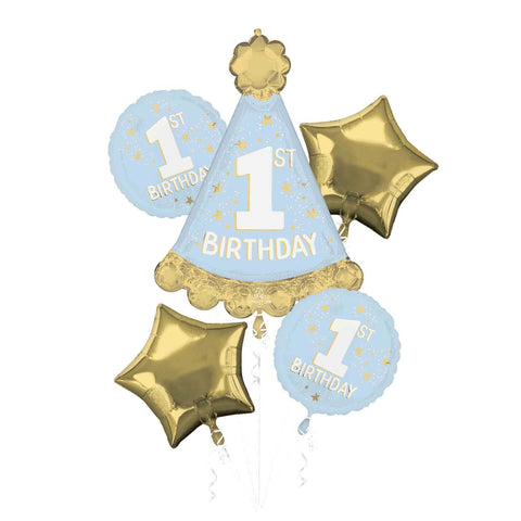 1st Birthday Party Hat Balloon Bouquet (Blue & Gold)- Birthday Balloons