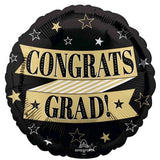 CONGRATS GRAD! Black & Gold Banner & Stars 45cm Foil Balloon