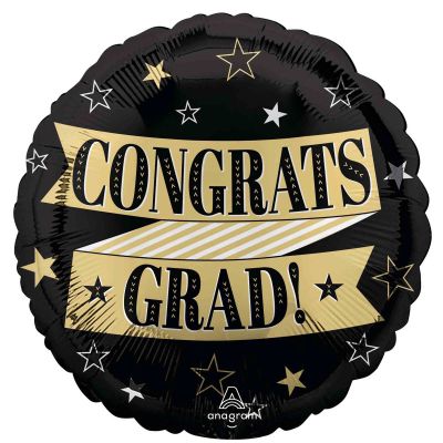 CONGRATS GRAD! Black & Gold Banner & Stars 45cm Foil Balloon