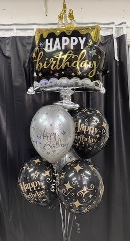 Birthday Cake Balloon Gift (Black & Gold design) - Helium Balloons