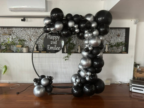 Black Round 2m Backdrop & Balloon Garland & Personalised Acrylic disc
