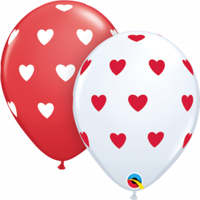 5 x Red & White Heart Latex Balloons (2- 3 days float time)