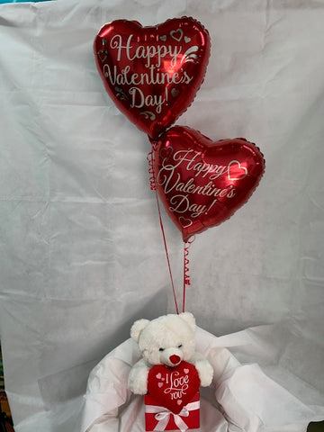 Valentines Day Balloons & Teddy in a box
